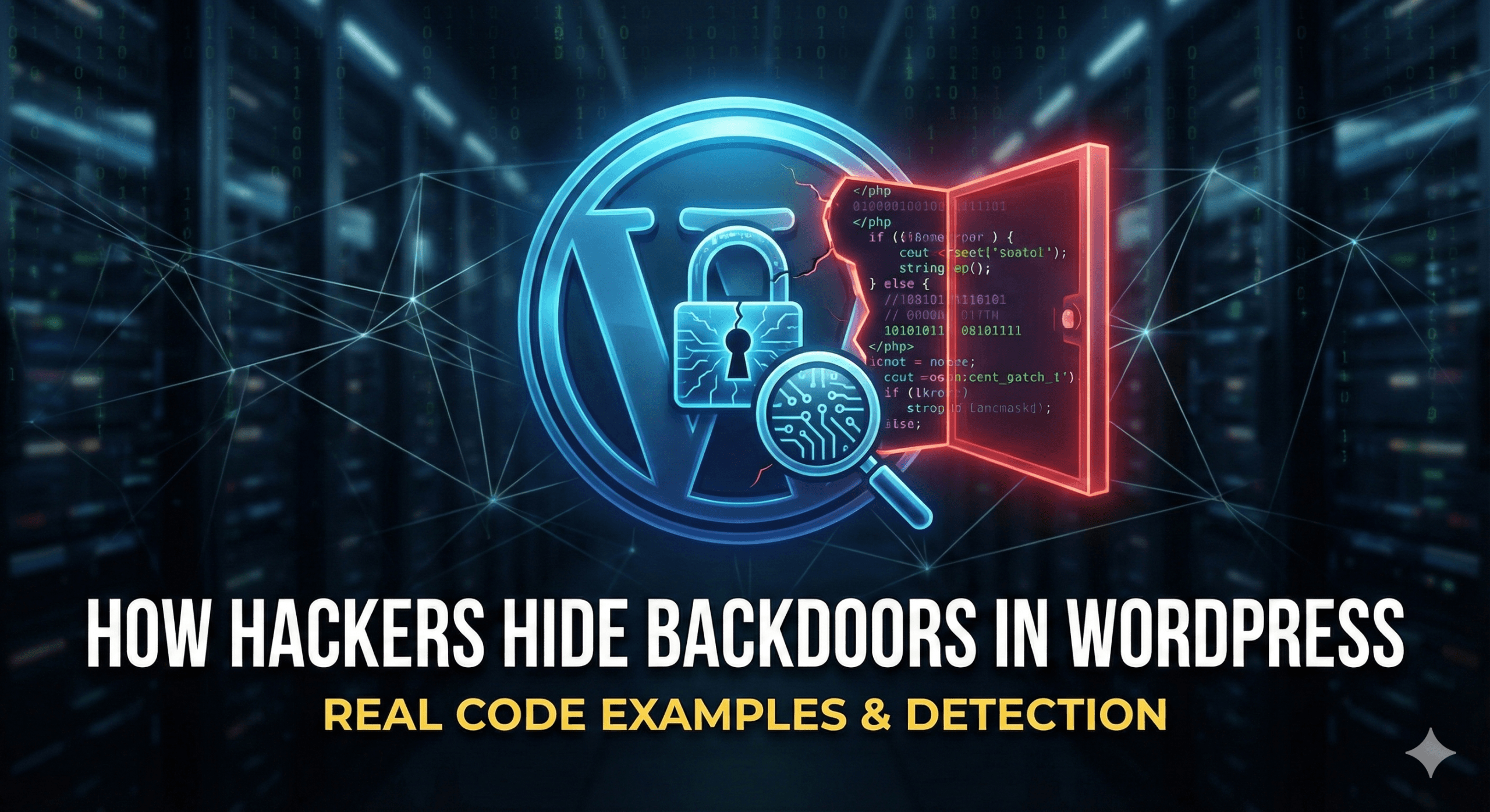 Digital illustration of the WordPress logo cracking open to reveal hidden malicious PHP code and a red glowing backdoor. Text overlay reads: HOW HACKERS HIDE BACKDOORS IN WORDPRESS - REAL CODE EXAMPLES & DETECTION.