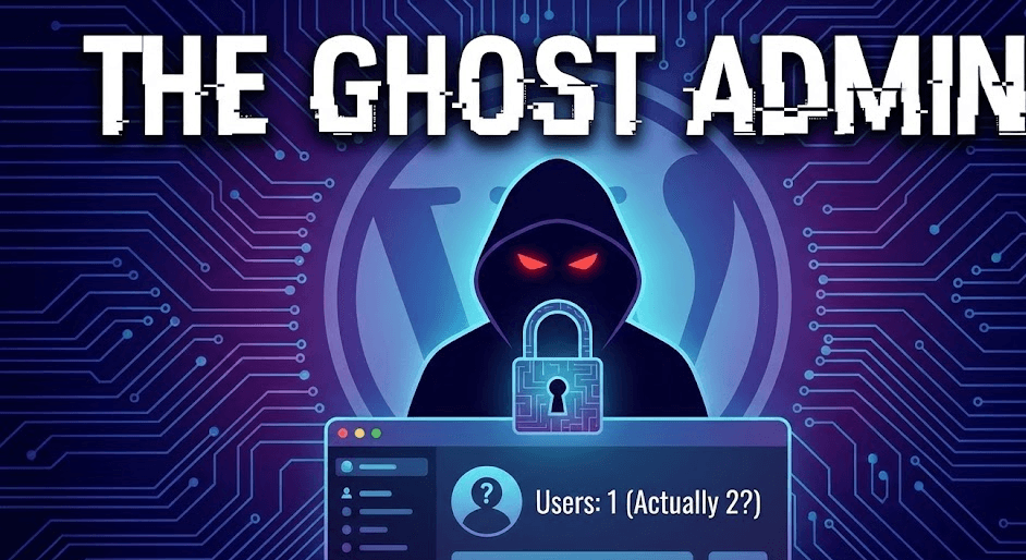 WordPress malware security illustration showing a hidden administrator hack with a user count mismatch, titled The Ghost Admin.