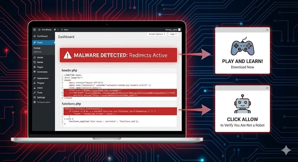 WordPress Redirecting to "Play and Learn" or "Click Allow"? Check Your Theme Headers Now